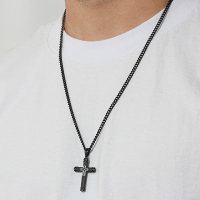Mens Diamond Accent Natural Black Diamond Stainless Steel Cross 24 Inch Pendant Necklace