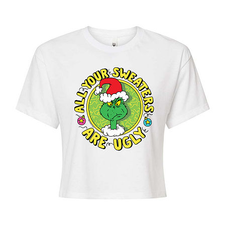 Novelty T-shirts Grinch Ugly Cropped Womens Juniors Crew Neck Short Sleeve Regular Fit Dr. Seuss Graphic T-shirt In White