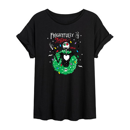 Novelty T-shirts Tim Burton's Frightfully Festive Tee Womens Juniors Crew Neck Short Sleeve Regular Fit Nightmare Bef In Black