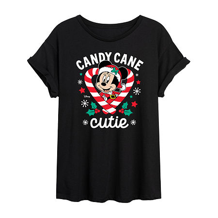 Novelty T-shirts Disney Candy Cane Cutie Tee Womens Juniors Crew Neck Short Sleeve Regular Fit Minnie Mouse Graphic T In Black