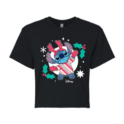 Stitch Holly Cropped Tee Womens Juniors Crew Neck Short Sleeve Regular Fit Lilo & Stitch Graphic T-Shirt