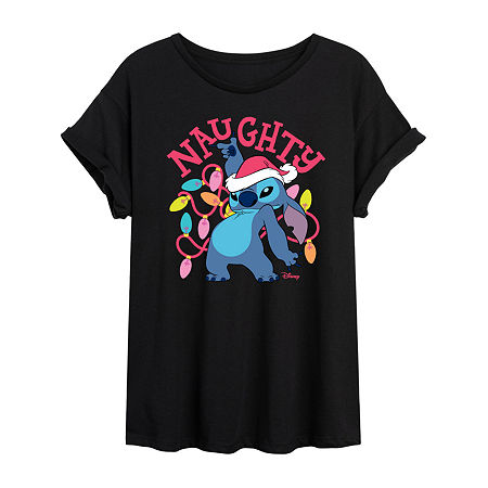 Novelty T-shirts Womens Juniors Crew Neck Short Sleeve Regular Fit Lilo & Stitch Graphic T-shirt In Black