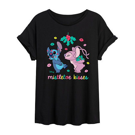 Novelty T-shirts Misletoe Kisses Womens Juniors Crew Neck Short Sleeve Regular Fit Lilo & Stitch Graphic T-shirt In Black