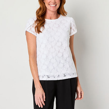 Liz Claiborne Tall Womens Crew Neck Short Sleeve Lace Blouse