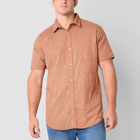 mutual weave Big and Tall Mens Regular Fit Short Sleeve Floral Button-Down Shirt, Large Tall, Orange