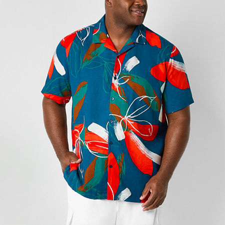 Shaquille O'Neal XLG Linen Cotton Big and Tall Mens Regular Fit Short Sleeve Floral Button-Down Shirt, X-large Tall, Blue