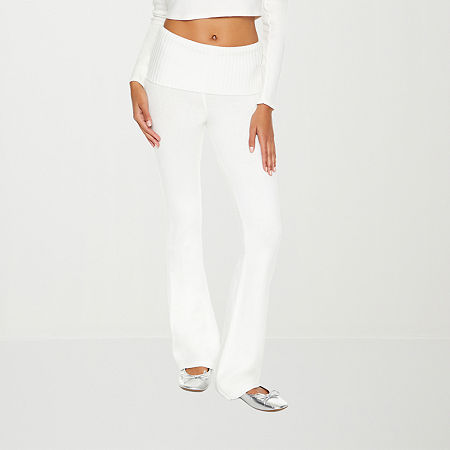 Forever 21-Juniors Foldover Sweater Womens Mid Rise Flare Pull-On Pants, Small, White