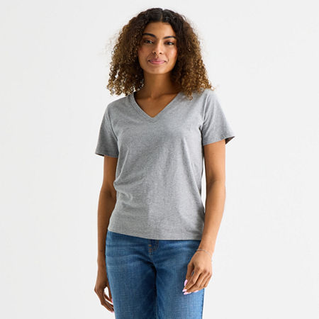 a.n.a Womens V Neck Short Sleeve T-Shirt, Petite Small, Gray