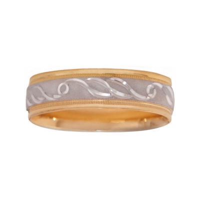 Mens 10K Two-Tone Gold 6mm Engraved Wedding Band