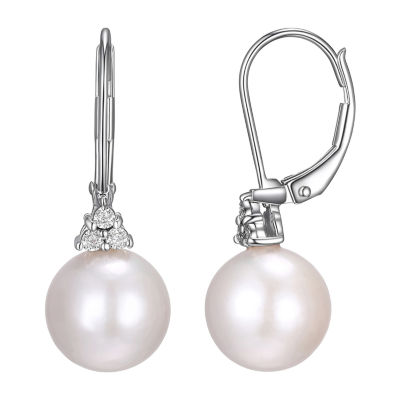 Womens Diamond Accent White Cultured Freshwater Pearl Sterling Silver Ball Drop Earrings