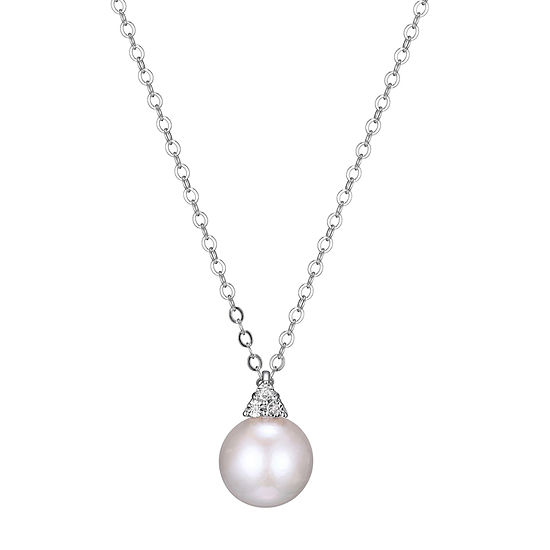 Womens Diamond Accent Genuine White Cultured Freshwater Pearl Sterling Silver Pendant Necklace