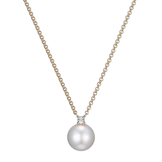 Womens Diamond Accent Genuine White Cultured Freshwater Pearl 18K Gold Over Silver Pendant Necklace