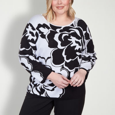 Alfred Dunner Plus World Traveler Womens Crew Neck 3/4 Sleeve Floral Pullover Sweater