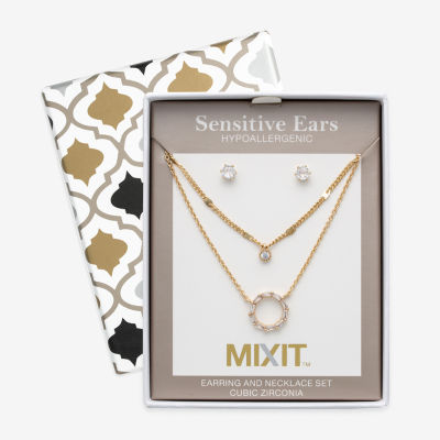 Mixit Hypoallergenic Gold Tone Pendant Necklace & Stud Earrings 2-pc. Cubic Zirconia Stainless Steel Round Jewelry Set