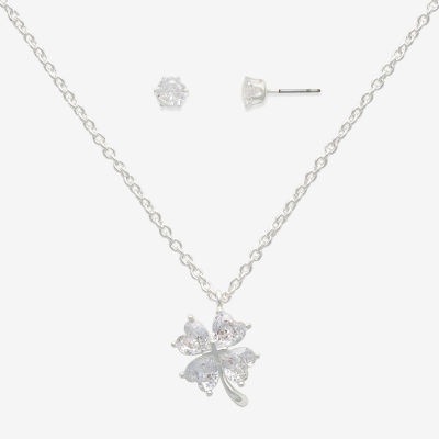 Mixit Hypoallergenic Silver Tone Pendant Necklace & Stud Earrings 2-pc. Cubic Zirconia Stainless Steel Clover Jewelry Set