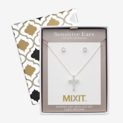 Mixit Hypoallergenic Silver Tone Pendant Necklace & Stud Earrings 2-pc. Cubic Zirconia Stainless Steel Cross Jewelry Set