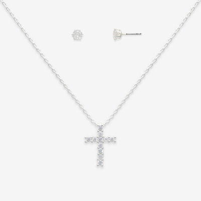 Mixit Hypoallergenic Silver Tone Pendant Necklace & Stud Earrings 2-pc. Cubic Zirconia Stainless Steel Cross Jewelry Set