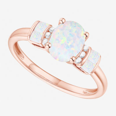 Womens Lab Created White Opal 14K Rose Gold Over Silver Cocktail Ring