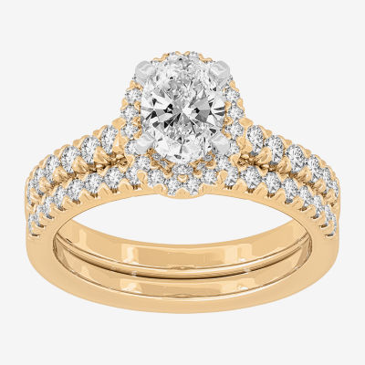 (H-I / Si1-Si2) Womens 1 5/8 CT. T.W. Lab Grown White Diamond 10K White Gold Oval Side Stone Halo Bridal Set