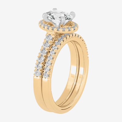 (H-I / Si1-Si2) Womens 1 5/8 CT. T.W. Lab Grown White Diamond 10K White Gold Oval Side Stone Halo Bridal Set