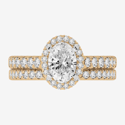 (H-I / Si1-Si2) Womens 1 5/8 CT. T.W. Lab Grown White Diamond 10K White Gold Oval Side Stone Halo Bridal Set