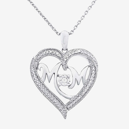 "Mom" Womens Diamond Accent Natural White Diamond Sterling Silver Heart 20 Inch Pendant Necklace, 20
