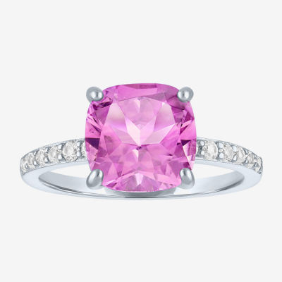 Womens Lab Created Gemstone Sterling Silver Side Stone Solitaire Cushion Cocktail Ring