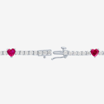 Gemstone Pure Silver Over Brass Heart 7.5 Inch Tennis Bracelet
