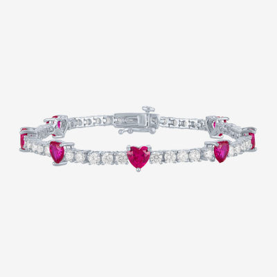 Gemstone Pure Silver Over Brass Heart 7.5 Inch Tennis Bracelet
