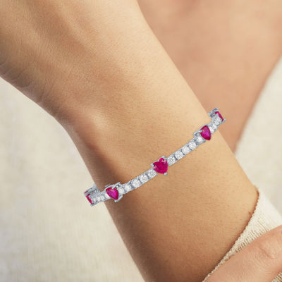 Gemstone Pure Silver Over Brass Heart 7.5 Inch Tennis Bracelet