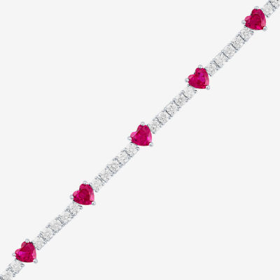 Gemstone Pure Silver Over Brass Heart 7.5 Inch Tennis Bracelet