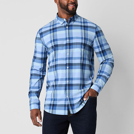 St. John's Bay Performance Big and Tall Mens Moisture Wicking Classic Fit Long Sleeve Plaid Button-Down Shirt, 3x-large Tall, Blue