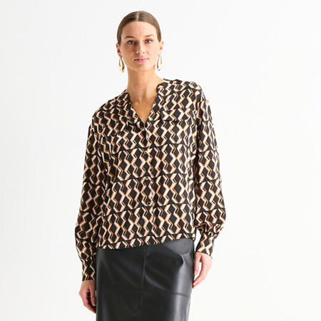Worthington Womens Y Neck Long Sleeve Satin Blouse In Multi