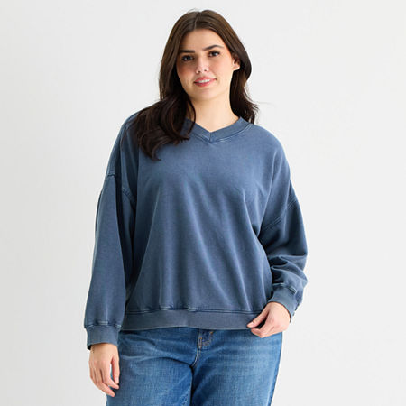 a.n.a Womens Plus V Neck Long Sleeve Sweatshirt, 1x, Blue