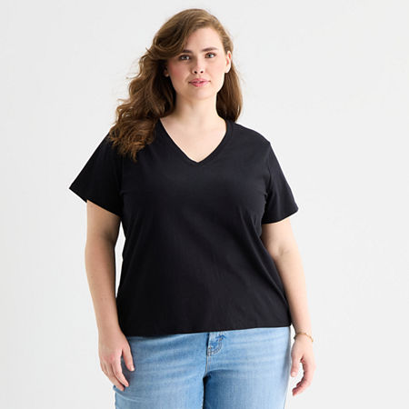 a.n.a Womens Plus V Neck Short Sleeve T-Shirt, 3x, Black
