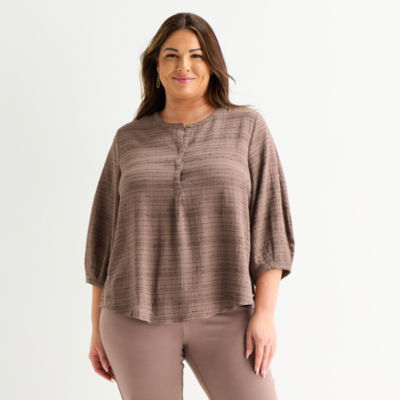 Liz Claiborne Plus Womens Split Crew Neck 3/4 Sleeve Tunic Top