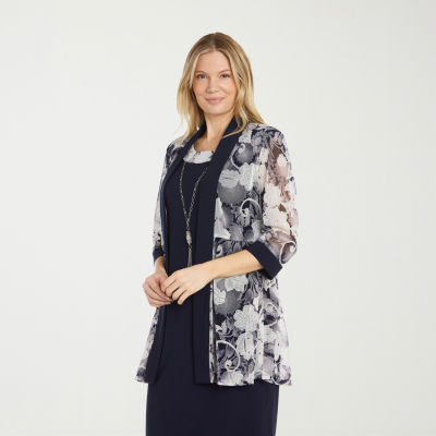R & M Richards Womens Floral Jacket Dress With Removable Necklace