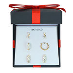 Womens 3 Pair Cubic Zirconia 14K Gold Earring Set
