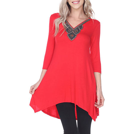 White Mark Luna Womens V Neck 3/4 Sleeve Tunic Top, Small, Red