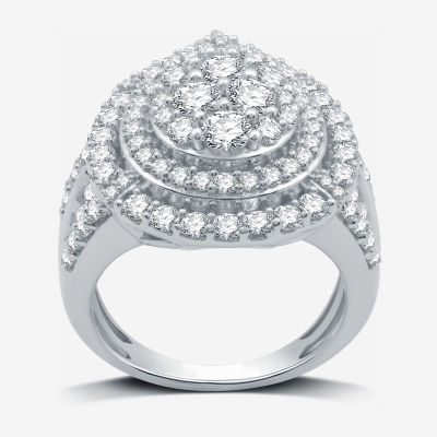 (H-I / I1) Womens 3 CT. T.W. Lab Grown White Diamond 10K White Gold Pear Halo Side Stone Cocktail Ring