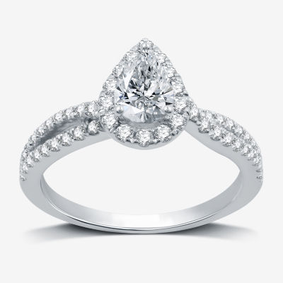 Signature By Modern Bride (H-I / I1) Womens 1 CT. T.W. Lab Grown White Diamond 10K Gold Pear Side Stone Halo Engagement Ring