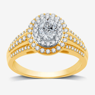 Signature By Modern Bride (H-I / I1) Womens 1 CT. T.W. Lab Grown White Diamond 10K Gold Oval Side Stone Halo Engagement Ring