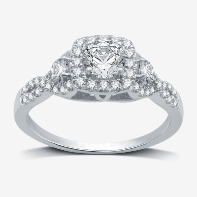 Signature By Modern Bride (H-I / I1) Womens 1 CT. T.W. Lab Grown White Diamond 10K Gold Cushion Side Stone Halo Engagement Ring