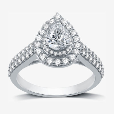 Signature By Modern Bride (H-I / I1) Womens 1 1/4 CT. T.W. Lab Grown White Diamond 10K Gold Pear Side Stone Halo Engagement Ring