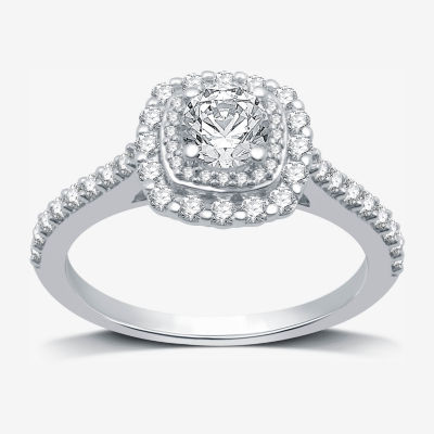 Signature By Modern Bride (H-I / I1) Womens 1 CT. T.W. Lab Grown White Diamond 10K White Gold Cushion Side Stone Halo Engagement Ring