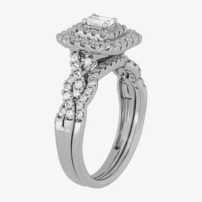 H-I / Si1-Si2) Womens / CT. T.W. Lab Grown White Diamond 10K Gold Cushion Side Stone Halo Bridal Set