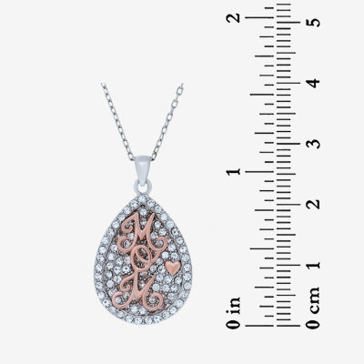 "Mom" Womens White Crystal 18K Rose Gold Over Silver Sterling Silver Pear Pendant Necklace