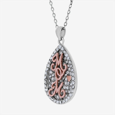 "Mom" Womens White Crystal 18K Rose Gold Over Silver Sterling Silver Pear Pendant Necklace