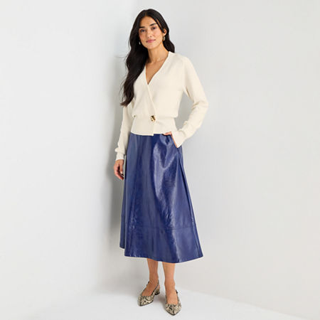 Worthington Womens Midi Faux Leather A-line Skirt In Blue
