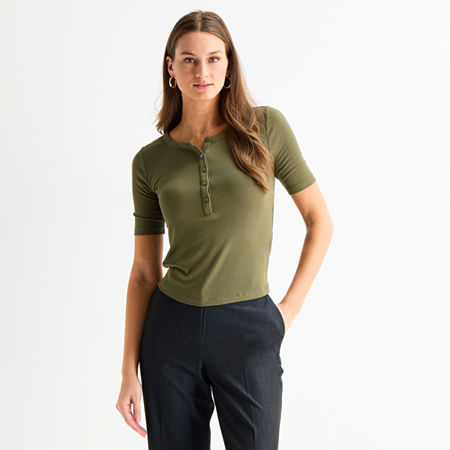 Worthington Womens Elbow Sleeve Regular Fit Henley Shirt In Green